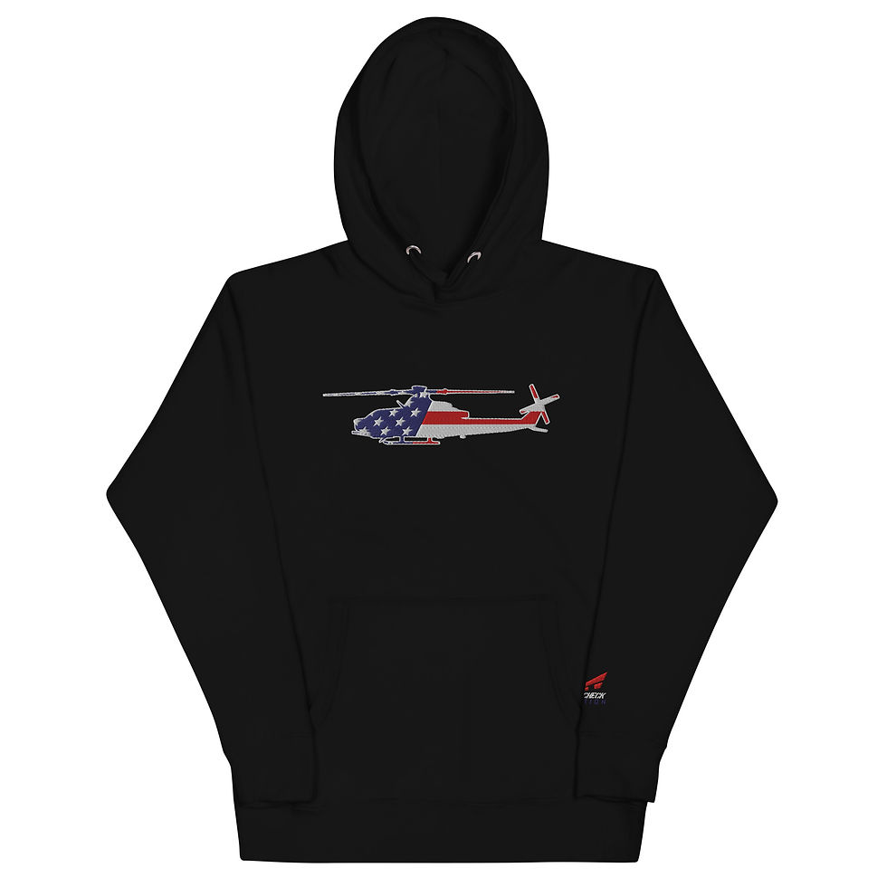 Thumbnail: US Flag Silhouette USMC Zulu Attack Helicopter Premium Embroidered Unisex Hoodie