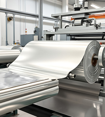 Aluminium foil manufacturing and packaging application visuals, clean industrial environme