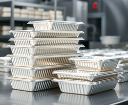 Premium photorealistic image of SRC aluminium semi-rigid foil food containers neatly stack