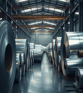 Premium photorealistic industrial hero image showing aluminium coils and aluminium foil ro