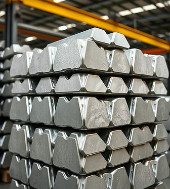 High-resolution industrial photograph of aluminium ingots stacked neatly in a warehouse, c