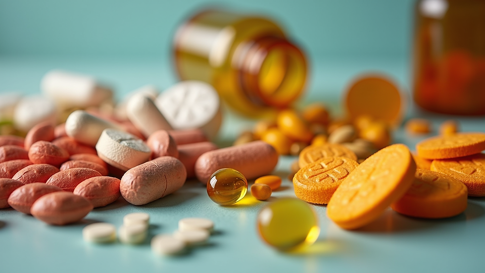 Eye-level view of a colorful array of vitamins and supplements