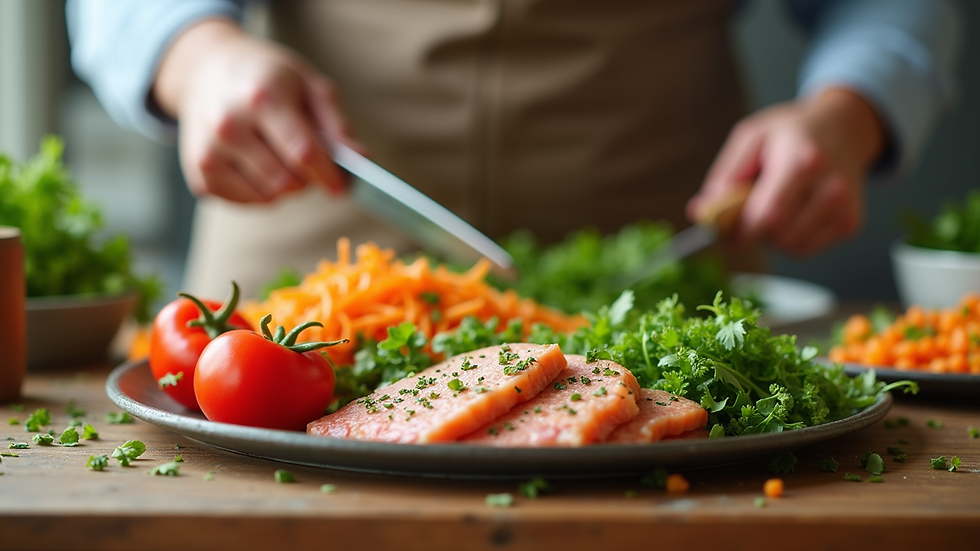 Eye-level view of a healthy meal prep with colorful vegetables and lean proteins