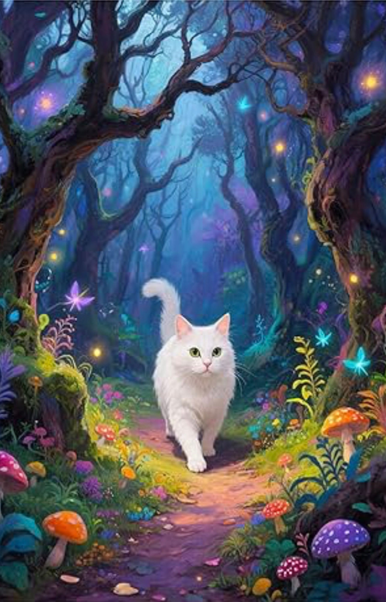 Nighttime White Cat Diamond Art