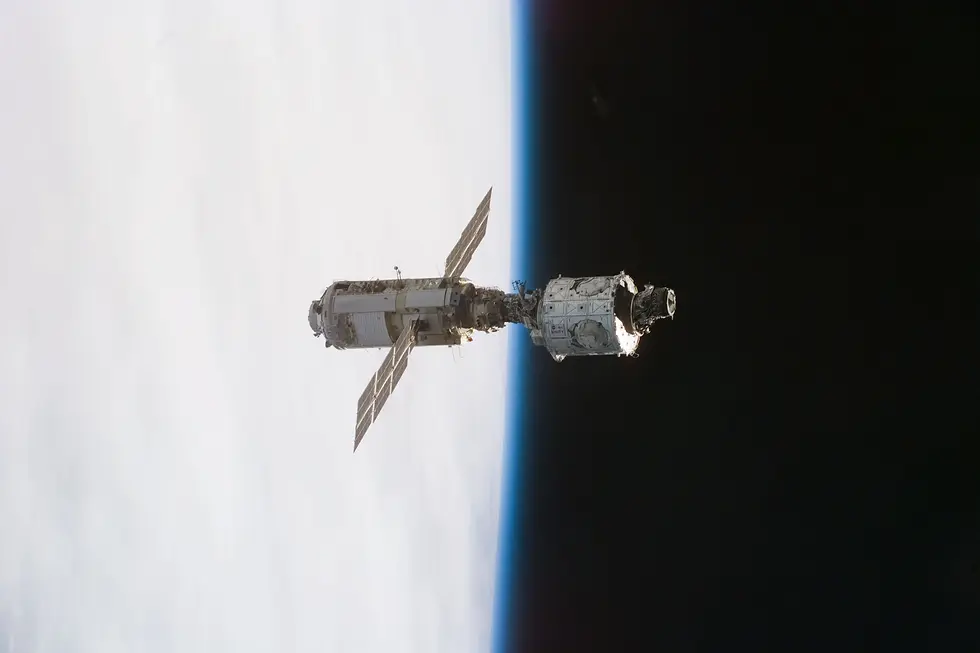 First parts of ISS coming together in orbit. Photo Credit: NASA