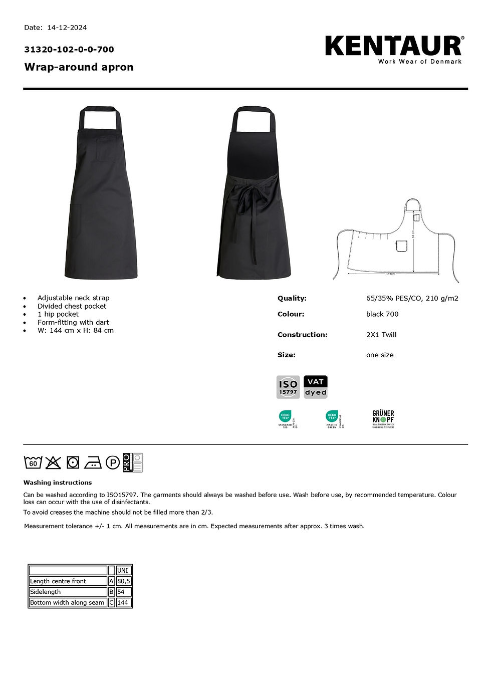 縮圖：Wrap-around apron w. pockets CO/PES 210g 全包臀圍裙,有口袋/黑/k31320
