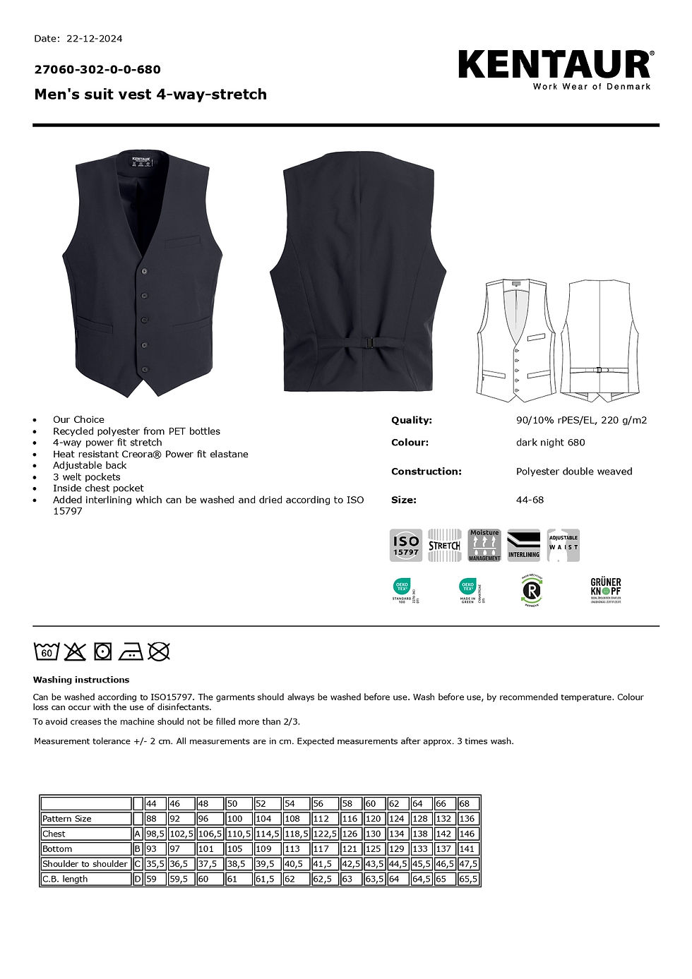 縮圖：Men's suit vest 4-way-stretch 彈性環保工作背心/220g/男性/藍黑  /k27060