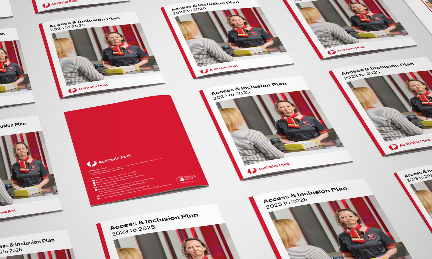Design mock-ups of Australia Post's Disability and Inclusion Plan booklets, displaying various pages and angles.