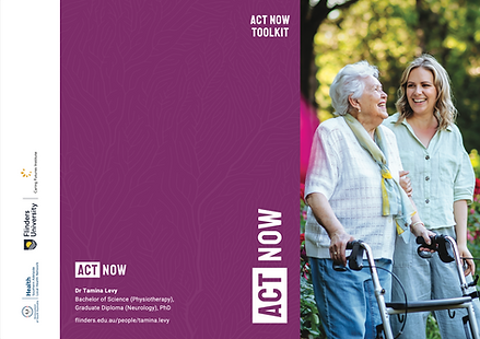 The brochure for survivors of stroke, featuring a photograph of an elderly woman with white hair using a walking frame. She is walking alongside a younger woman in a garden outdoors.