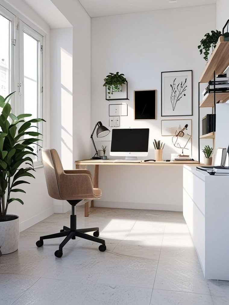 a simple and minimalist home office featuring a clean desk