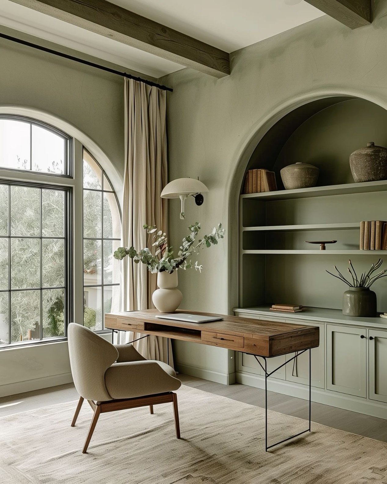 ai render of a home office in a sage green with arched windoes and built ins despacho