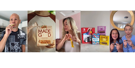 A collage of parent influencers participating in the MadeGood back to school campaign, eating MadeGood products and playing the Nintendo Switch OLED system with their families.
