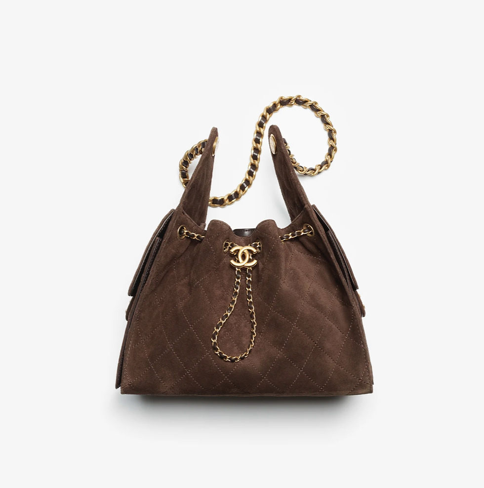 Suede brown leather drawstring hobo bucket bag with gold chain