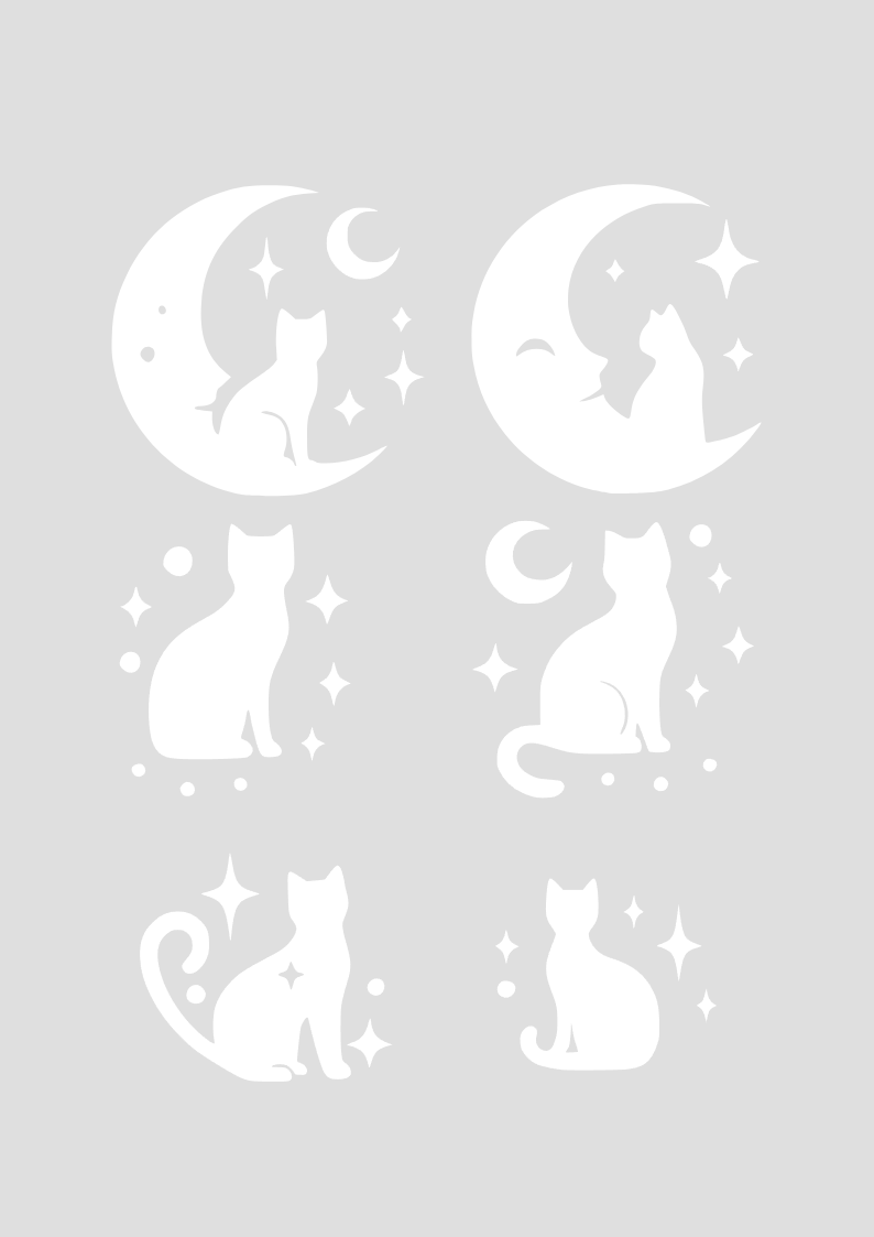 Miniature : 1 planche de 6 chats, lunes, étoiles
