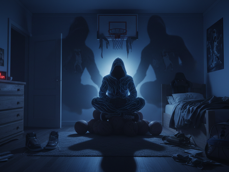 Wide-angle view of a dark bedroom with basketball shoes by the door and a shadowy genie on a dresser.