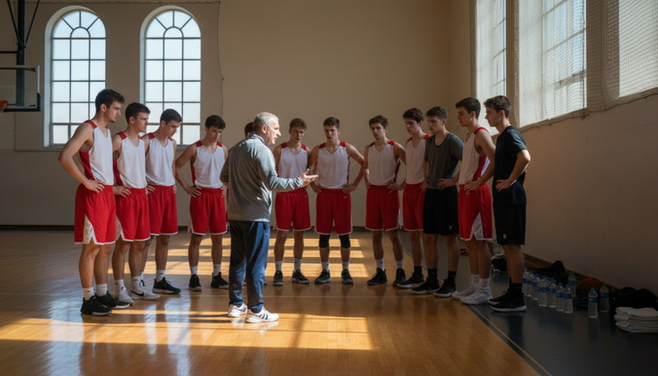 Eye-level view of a coach speaking to basketball players during practice