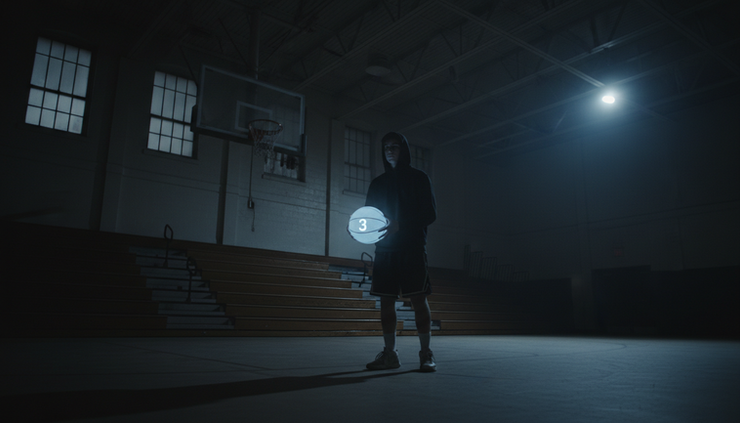 Low-angle view of a glowing basketball held by a young player near the free-throw line.