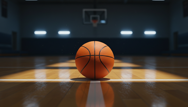 Close-up view of a basketball resting on the center-court line under gym lights.