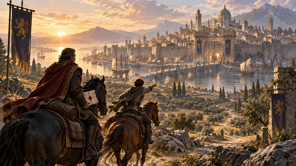 Envoy approaches a fortified city carrying one carefully prepared message, representing B2B outreach strategy and the move from intelligence to relevant first contact.