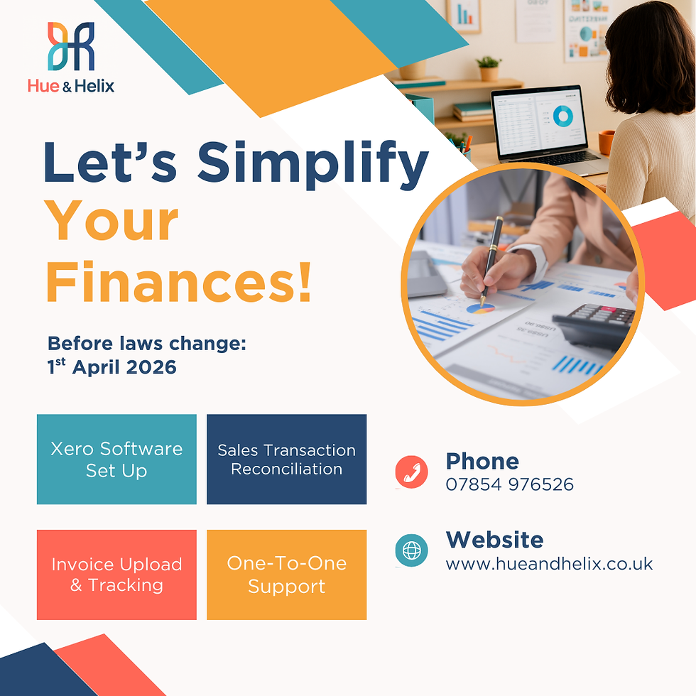 Hue & Helix finance ad with text "Let's Simplify Your Finances!" and April 2026 deadline. Features charts, workspace, contact info, and services.