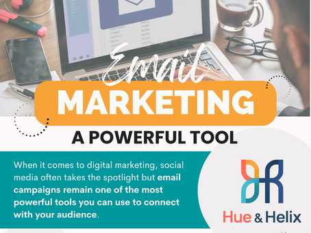A person at a desk views an email notification on a laptop. Text reads: "Email Marketing: A Powerful Tool" with contact info for Hue & Helix.