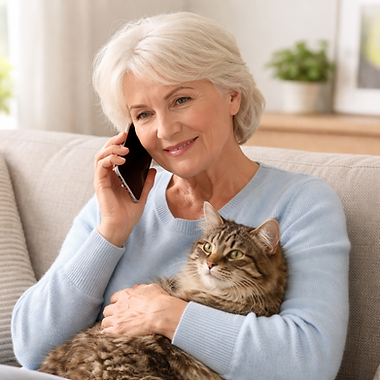 Elderly lady speaking with Veterinary Oncology Specialist on phone whilst cuddling cat