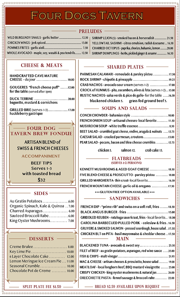 Menu Four Dogs Tavern and Marshalton Inn West Chester Restaurant