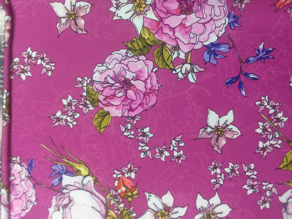 Miniatura: Crêpe elástico - flores fondo fucsia