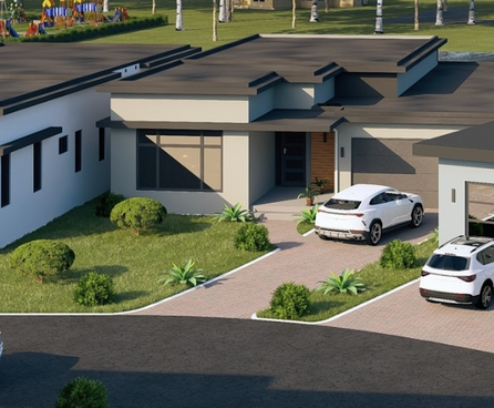 Modern one-story houses with cars, green landscaping, and distant playground