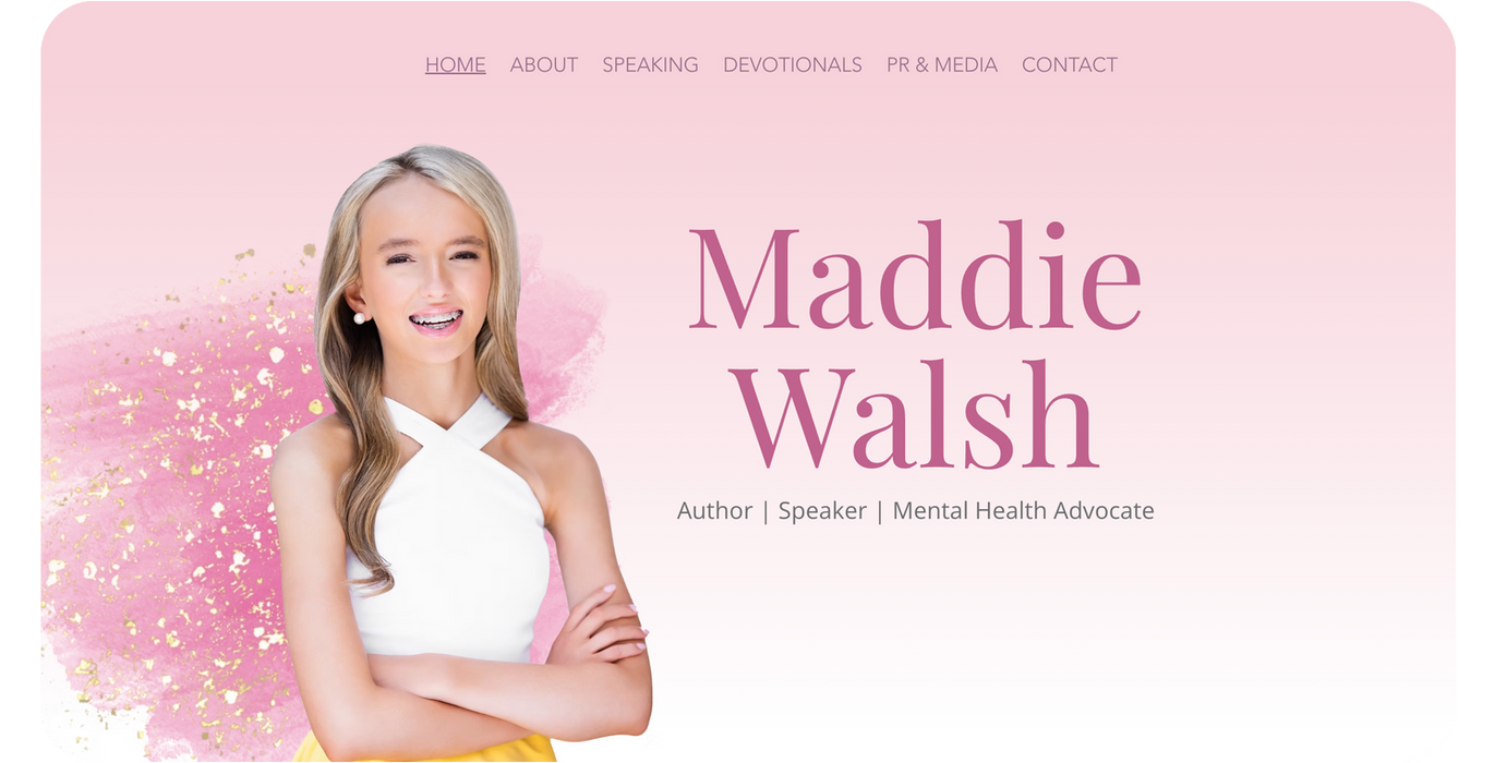 Maddie Walsh, Author, Speaker, Mental Health Advocate on a pink background.