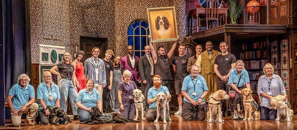 Picture shows Guide Dogs UK puppies, volunteer puppy raisers and the cast of The Play That Goes Wrong on stage at London's Duchess Theatre.