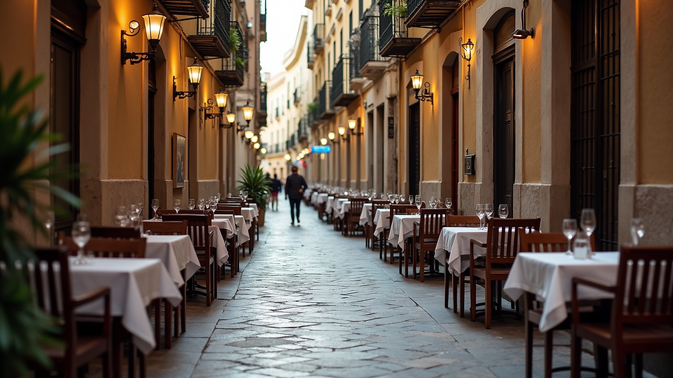 Vista a nivel de calle de una taberna tradicional en Cádiz centro con mesas al aire libre
