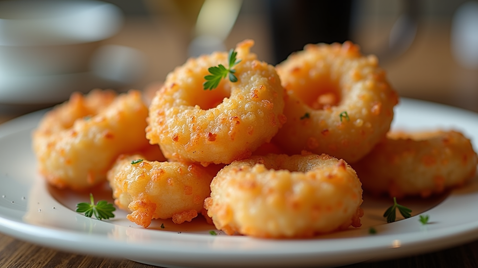 Eye-level view of a plate with golden shrimp fritters typical of Cádiz