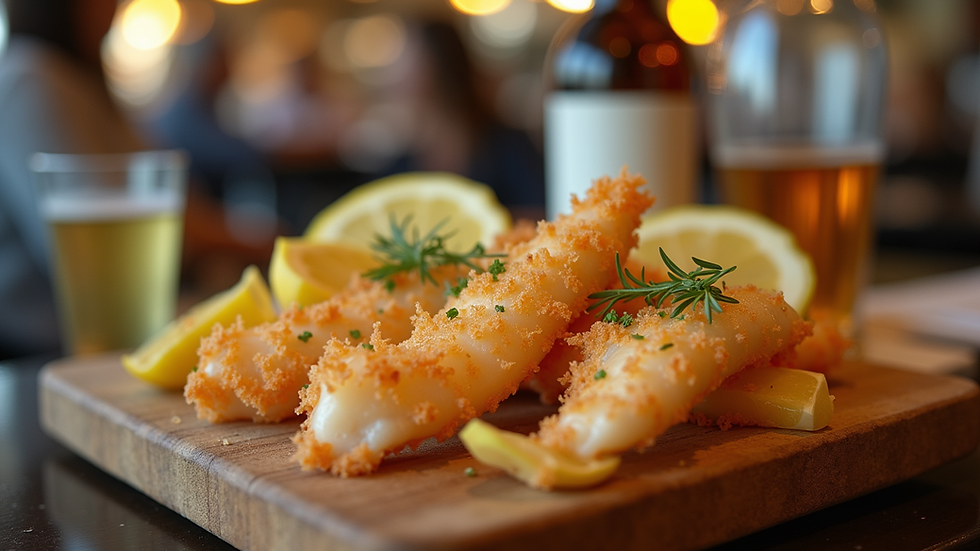 Plano detalle de una bandeja con pescaito frito y limón en un bar de Cádiz centro