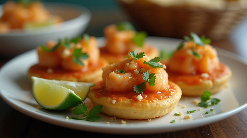Close-up view of a plate with traditional tortillitas de camarones