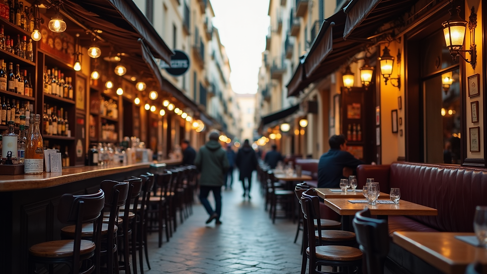 Vista a nivel de calle de un bar tradicional en el centro de Cádiz con tapas en la barra