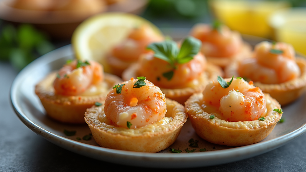 Close-up of a plate with tortillitas de camarones and lemon wedges