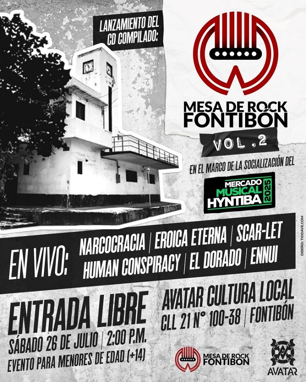 Afiche oficial del lanzamiento del compilado “Mesa de Rock Fontibón Vol. 2”, realizado en el marco del Mercado Musical Hyntiba 2025 en Avatar Cultura Local. Créditos: Cortesía Mesa de Rock Fontibón.