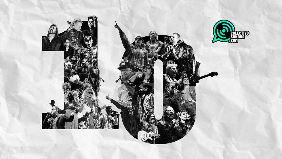 Collage conmemorativo de Colectivo Sonoro: diez años de música alternativa retratados en blanco y negro, celebrando una década de historia visual y sonora. Créditos: Colectivo Sonoro.