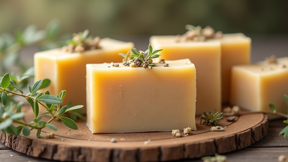 Close-up view of natural handmade soap bars with herbs