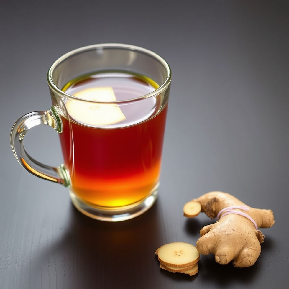 Homemade ginger tea for digestion with sliced ginger root and herbal tea cup.