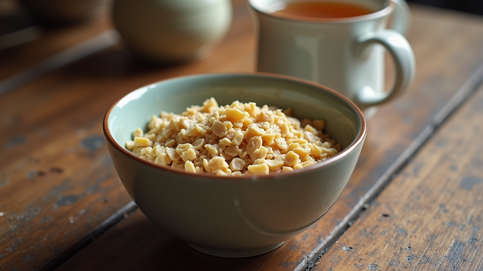 Eye-level view of a bowl of oatmeal and a cup of chamomile tea on a rustic wooden table