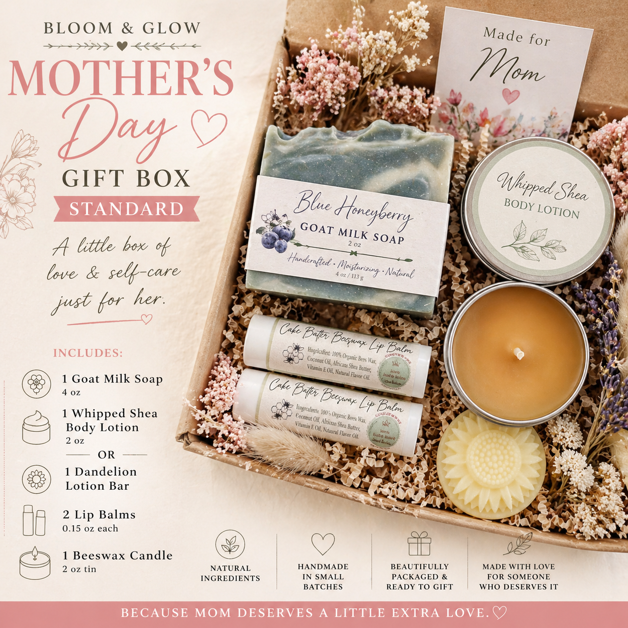 Mother’s Day Gift Box – Natural Spa Set for Mom, Handmade Self Care Gift