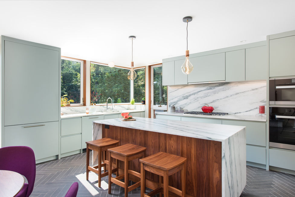 Modern kitchen, large island, big windows, architectural design
