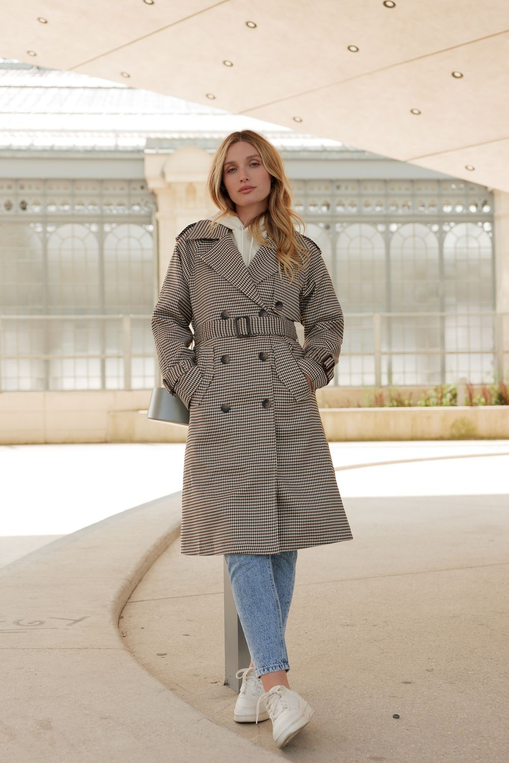 Trench long à carreaux