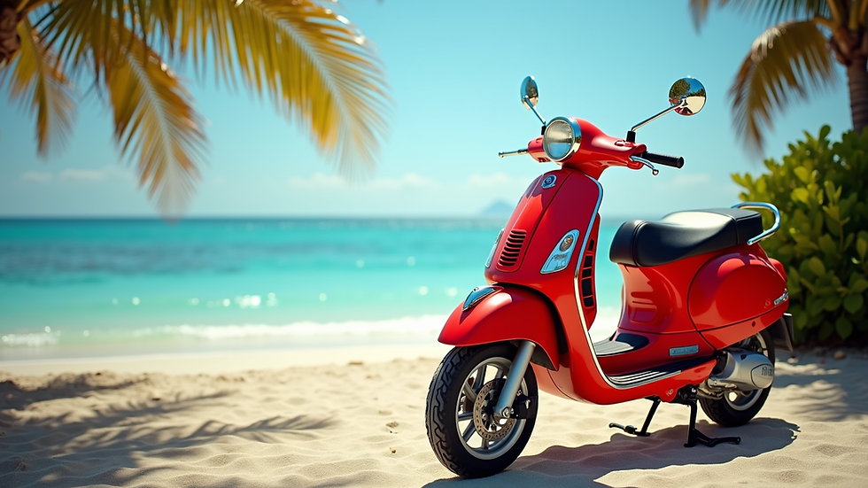 Eye-level view of a bright red scooter parked near a tropical beach