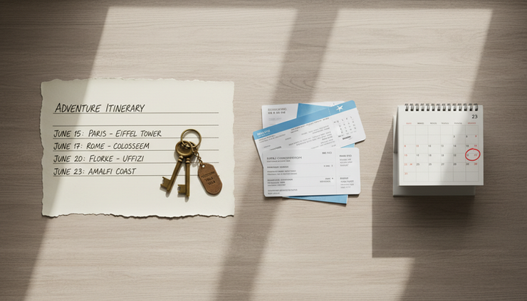 Overhead view of a handwritten timeline beside vacation keys and folded travel papers.