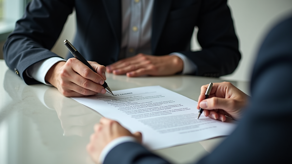 High angle view of a person signing a contract with a lawyer