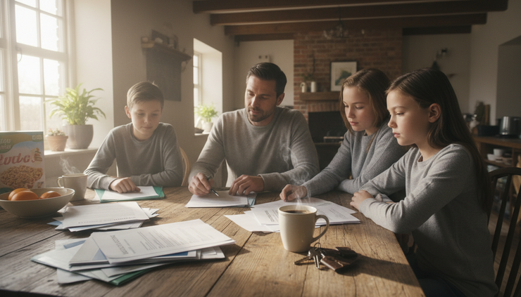 Eye-level view of a family reviewing vacation ownership papers at a kitchen table