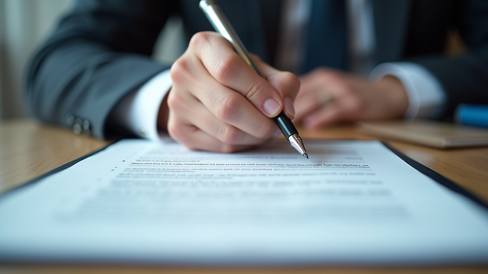 Close-up view of a person reviewing legal documents with a pen